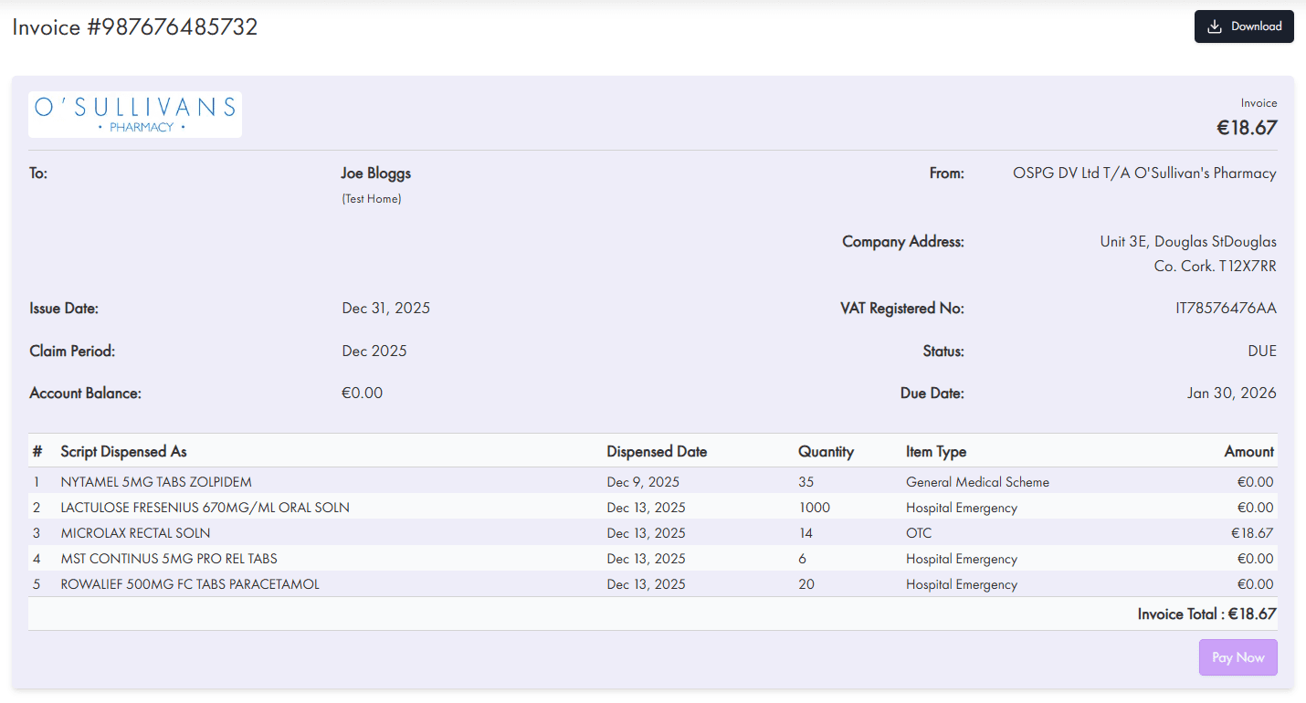 O'Sullivans Pharmacy Invoice Portal Dashboard
