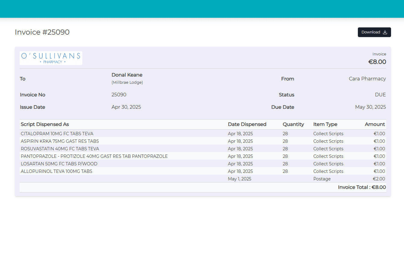 O'Sullivans Pharmacy Invoice Portal Dashboard